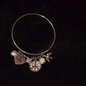 Bracelet Metal Silverton Wire 6 Charms Beads Rhinestones Peace Heart Bird 2.5'